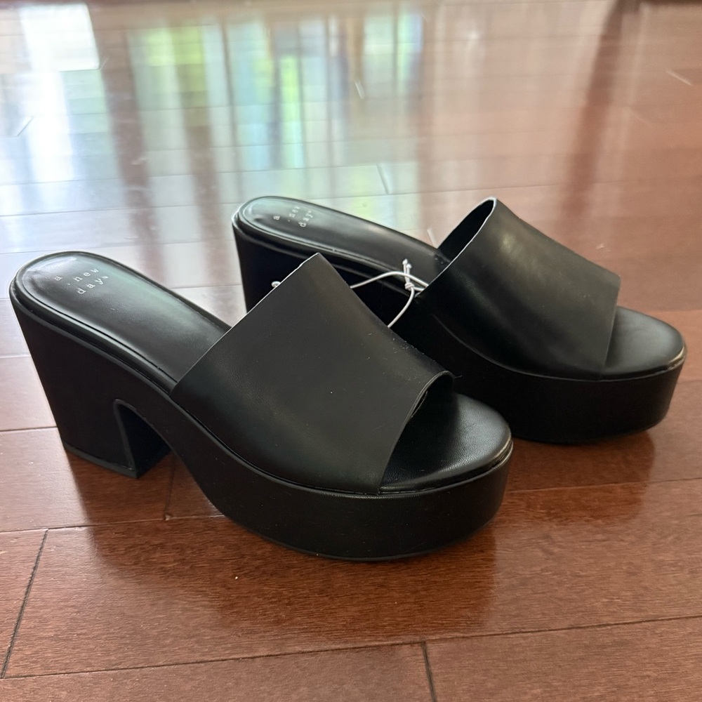 Black Platform Block Heel Mules